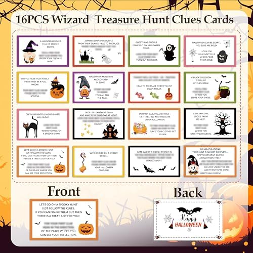 Halloween Scavenger Hunt Clue Cards, Magical Scavenger Hunt Games for Adults, Halloween Fall Pumkin Holiday Birthday Party Supplies Activities Outdoor Indoor(16 Clues Cards with Envelopes), 11