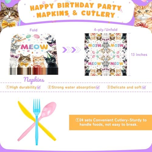 Cats Birthday Party Plates Set,168PCS Cat Birthday Tableware Party Supplies