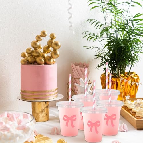 Whaline 50 Pcs Pink Bow Disposable Plastic Cups with Lids and Straws 12 Oz Lovely Bowknot Cold Beverage Drinking Cups for Wedding Birthday Bridal Baby Shower Party Supplies
