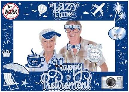 Retirement Party Photo Booth Props Kit - 37pcs Paper Photo Props 1 Frame Glitter Retirement Party Decorations for Retiree Celebration, Farewell Office Party Supplies (Blue and Silver)