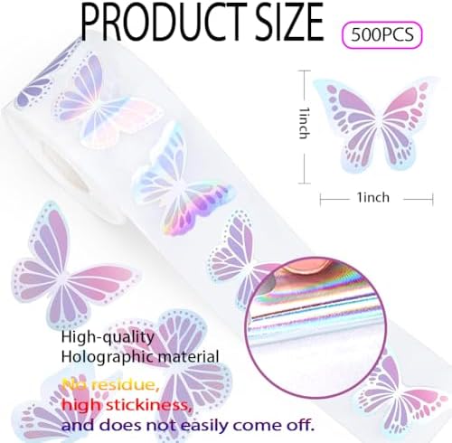 500Pcs Holographic Butterfly Stickers for Kids 1in Laser Waterproof Decals 6 Designs Dazzling Butterfly Self-Adhesive Sticker Rolls for Bottle Scrapbook Journal Envelope Decorations