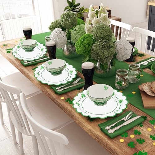 JarThenaAMCS 50 Pcs St. Patrick's Day Paper Plates Scalloped Disposable Plate Green Shamrock Clover Decorative Tableware for Irish Holiday Party Decor Supplies, 9 In