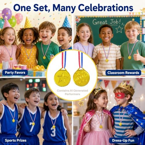RAINFLOW 40PCS Plastic Gold Medals for Kids - Award Medals with Ribbons