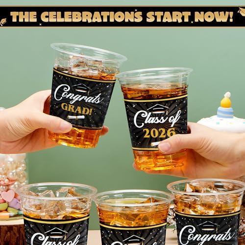 JOYIN 100 Pcs 16oz Graduation Cups Party Plastic Cups, Class of 2026 Graduates Disposable Tableware Set, PET Cup for High School College Graduation School Party Favors Supplies