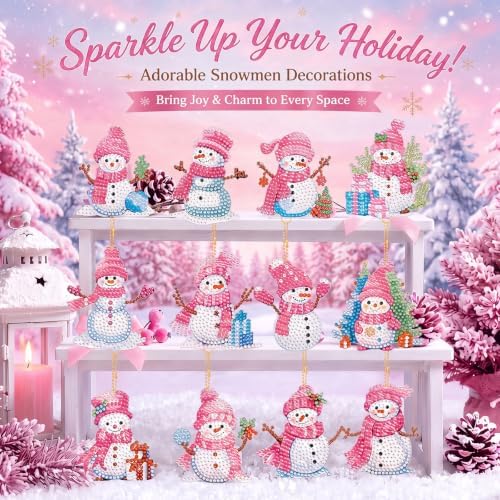 Ferraycle 12 Pcs Diamond Art Christmas Ornaments Snowman Diamond Painting Kit 5d DIY Art Keychains Winter Hanging Ornaments for Kids Winter Home Crafts Decorations(Pink)