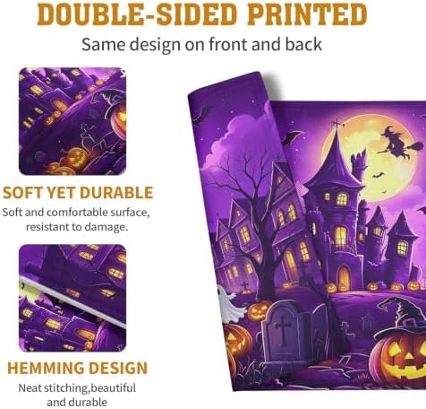 Purple Halloween Placemats Set of 4 Castle Witch Bats Pumpkin Spooky Place Mats Farmhouse Fall Holiday Table Mats for Party Kitchen Dining Outdoor Indoor Decor