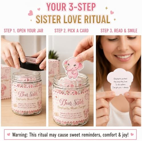 Positive Elephant Jar for Sister — 60 Encouragement Cards, Elephants Never Forget, Sister Birthday Mothers Day Graduation Gift, Inspirational Elephant Gifts for Women