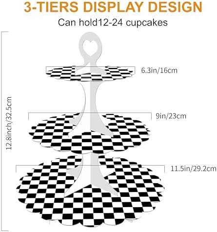 3-Tier Racing Theme Cupcake Stand, Black White Checkered, 1-Pack