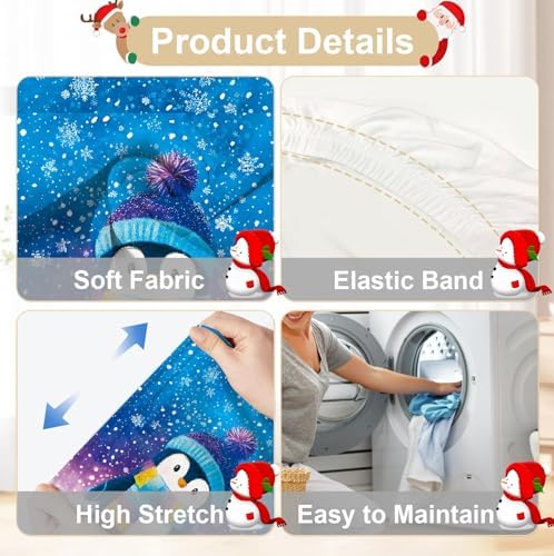 Penguin Chair Covers Set of 4, Stretchable Winter Themed Dining Chair Slipcovers with Snowflakes for Christmas Holiday Decor