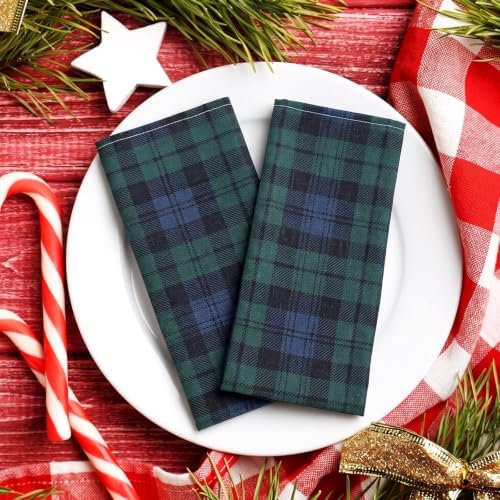 Funnymoom 24 Pcs Christmas Linen Plaid Cloth Napkins Blue and Green
