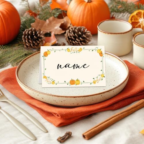 Pumpkin Place Cards for Table Setting, Tent Cards Decor For Birthday Baby Shower Autumn Party Reception Decorations, Bridal Shower Wedding Place Card, 25 Pack Birthday Food Name Card 2 x 3.5" /040