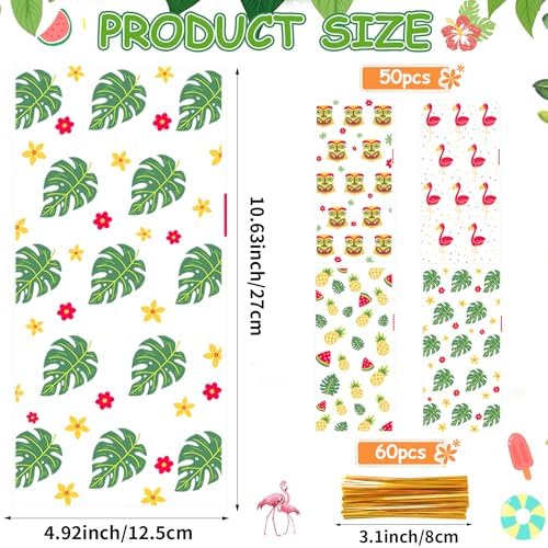 50Pcs Hawaiian Tropical Cellophane Treat Bags - 5x11 Inch Pineapple Flamingo Goodie Bags with 60 Twist Ties, Clear Plastic Candy Bag for Luau Beach Summer Party Favors, Tiki Bar & Jungle Theme Supply