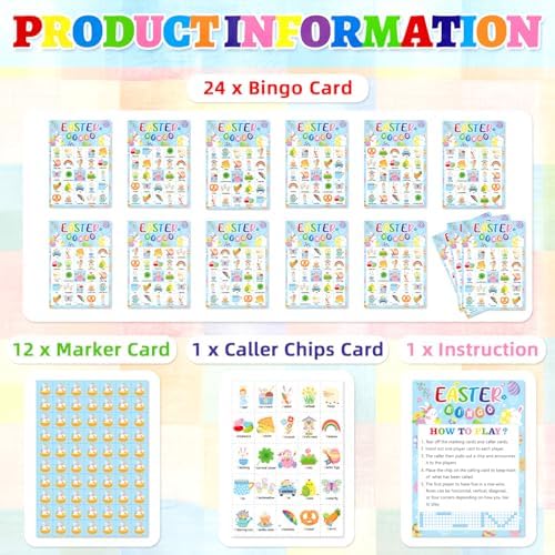 Easter Bingo Cards for 24 Players – Easter Craft Party Goodies Games for Kids School Classroom Gift, Family Activities – Easter Basket Stuffers