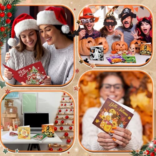 Saillong 12 Pack Fall Diamond Painting Greeting Cards Kits DIY Holiday Diamond Art Cards with Envelopes Halloween Christmas 5D Rhinestones Painting Making Kit for Adult DIY Crafts Party Favors Gifts