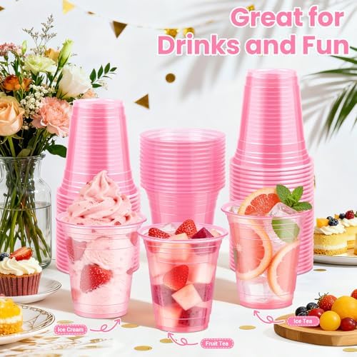 50 Pcs Clear Pink Plastic Cups, 12 oz Disposable Cups for Party