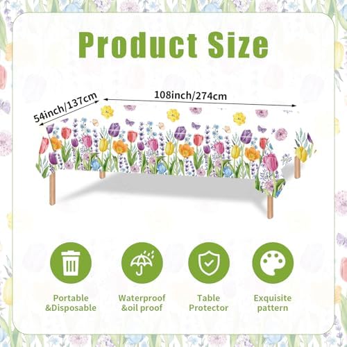 3-Piece 54 x 108 Inch Spring Tulip Floral Plastic Tablecloth – Colorful Wildflower Disposable Rectangle Table Covers with Botanical Border Design for Garden Party, Easter and Spring Celebrations