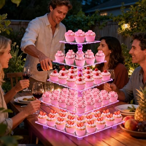 YestBuy Cupcake Stand with Pink Lights, Cupcake Tower Stand for 60 Cupcakes