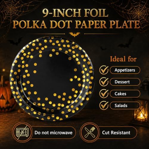 50 Pcs Black and Gold Dot Paper Plates Set Party Supplies Serve 50 （9 In）