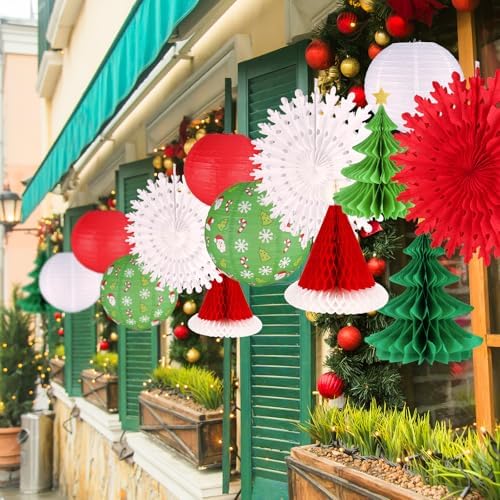 UNIQOOO 14PCS Assorted 3D Christmas Honeycomb Paper Lantern Decoration Garland Set,Celling Hanging Tissue Pine Tree Star, Santa Hat,Snowflake Fan,Japanese Lanterns for Holiday XMAS Party Banner Supply