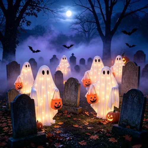 Solar Ghost Halloween Lights 2Pack Hanging Stake Yard Decor