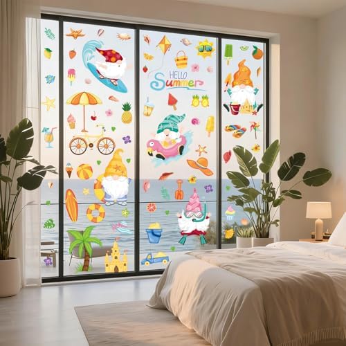93Pcs Summer Window Clings, Double Sided Beach Gnomes Summer Window Decals Stickers for Home Office School Holiday Party Decorations