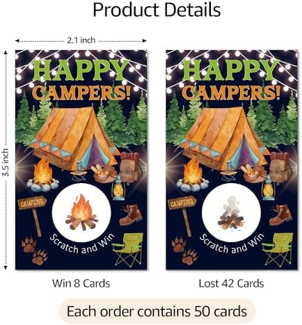 TOUNER 50Pcs Happy Campers Silver Scratch Off Game, Reveal Campfire & Fire Remain Design, Camping Adventure Themed Raffle Tickets, Camping Birthday Party Game Scratch Card for Men Women Outdoor Lover