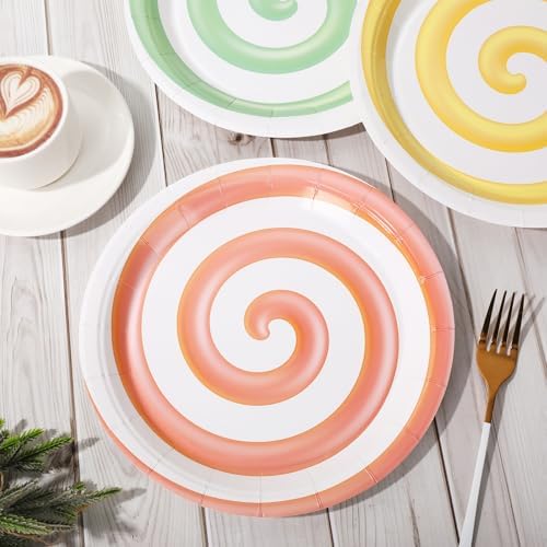 Whaline Candyland Party Paper Plates 9 Inch Pastel Disposable Salad Dessert Plates 6 Colors Lollipop Tableware for Sweet Shop Themed Birthday Baby Shower Supplies, 24 Pcs