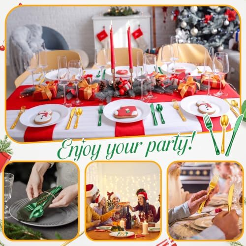 Minatee 180 Pcs Pearlescent Green Gold Plastic Silverware Heavy Duty Cutlery Sets Disposable Utensils for Holiday Birthday Themed Party Supplies, 60 of Each Forks Knives Spoons