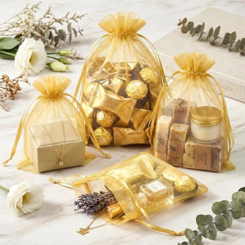 FUNFERY 100PCS Gold Organza Gift Bags 6x9in,Drawstring Pouch for Jewelry