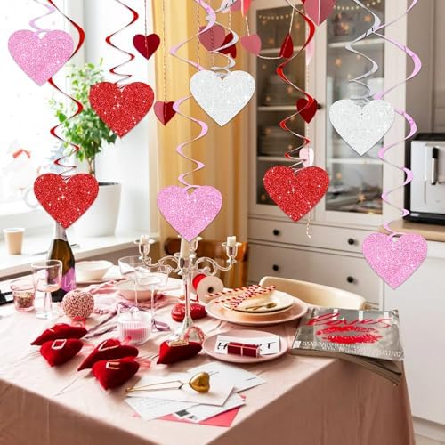 BEISHIDA Happy Valentine's Day Pre-Strung Hanging Swirls Valentine's Decorations Red Pink Silver Glitter Heart Hanging Decorations for Mother's Day Wedding Anniversary Proposal Party Supplies 15Pcs