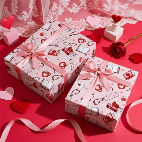 WRAPAHOLIC Valentines Day Wrapping Paper Roll - Mini Roll - 17 Inch x 16.5 Feet - Pink Love Hearts, Roses, Book Wrapping Paper, Perfect for Valentine’s Day, Wedding, Anniversary