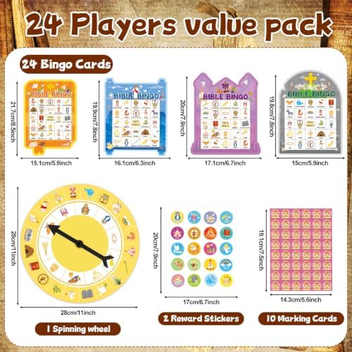 Easter Bible Bingo Game for Adults 24 Players Easter Bible Games for Kids Christian Supplies Cross Bingo Cards with Turntable Reward Stickers for Christian Party Activities Home Family Game