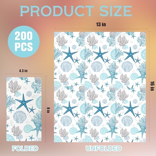 200 Pcs Coastal Beach Paper Napkins Disposable Hand Towels Blue Starfish Seashell Coral Nautical Ocean Guest Napkins for Bathroom Wedding Summer Guest Napkin Party Decor
