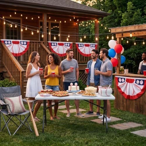 Outus 3 Pcs Pleated Bunting Fan Flag 1.5 x 3 ft Christmas Decoration Half Fan Flag Hanging Banners for Party Supplies Yard Decoration(3 Pack,Baseball)