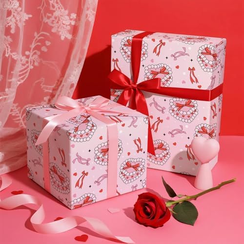 WRAPAHOLIC Valentines Day Wrapping Paper Roll - Mini Roll - 17 Inch x 16.5 Feet - Pearl Jewelry Box and Ribbon Bow Wrapping Paper for Valentine's Day, Wedding, Anniversary, Girl Women Birthday