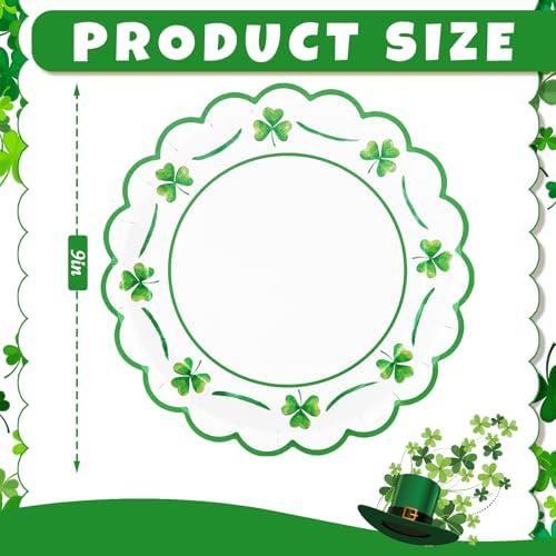 JarThenaAMCS 50 Pcs St. Patrick's Day Paper Plates Scalloped Disposable Plate Green Shamrock Clover Decorative Tableware for Irish Holiday Party Decor Supplies, 9 In