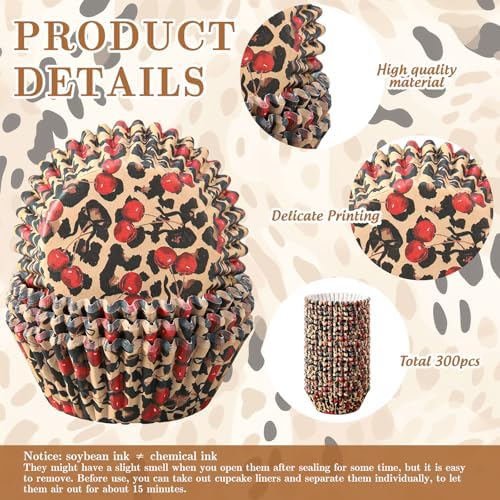 JarThenaAMCS 300 Pcs Leopard Print Cherry Cupcake Liners Cheetah Print Paper Baking Cups Standard Muffin Cupcake Wrappers for Animal Themed Holiday Wedding Baby Shower Birthday Party Supplies