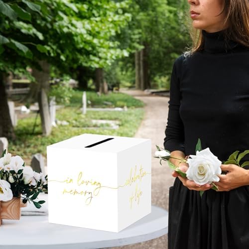 QISOLIY White Celebration of Life Card Box with Gold Lettering, Share a Memory Funeral Card Box for Memorial Service, Remembrance Table Decor, Memory Box for Sympathy Condolence Messages