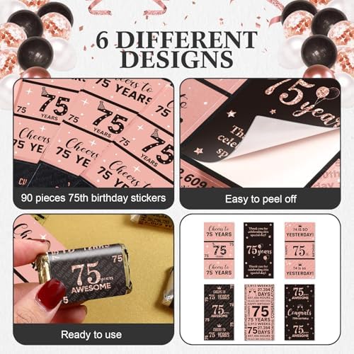 Tenare 90 Pcs 75th Birthday Candy Wrappers, Pink Stickers