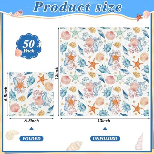NatNarr 50 Pcs Seashell Napkins, 6.5" Coastal Beach Napkins Decoupage