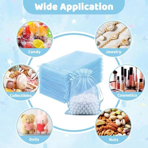 FUNFERY 100PCS Baby Blue Organza Gift Bags 6x9in,Drawstring Jewelry Pouch