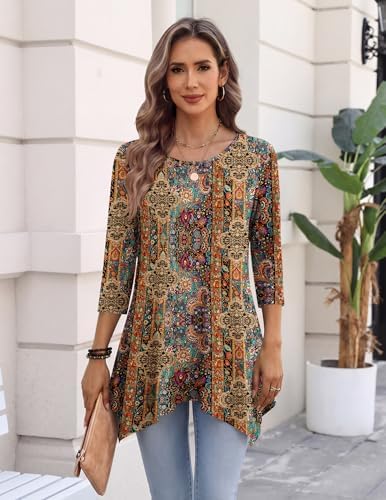 Zeagoo Womens Tops 3/4 Sleeve Loose Fit Dressy Tunics Plus Size Boho Shirts