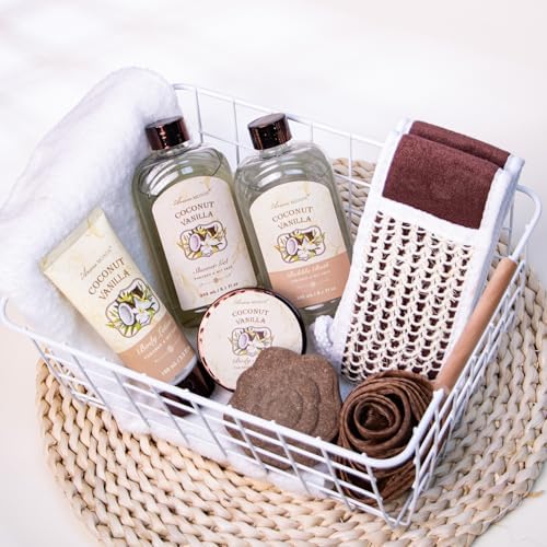 Spa Gift Baskets for Women, 8pcs Coconut Vanilla Bath Gift Set for Women