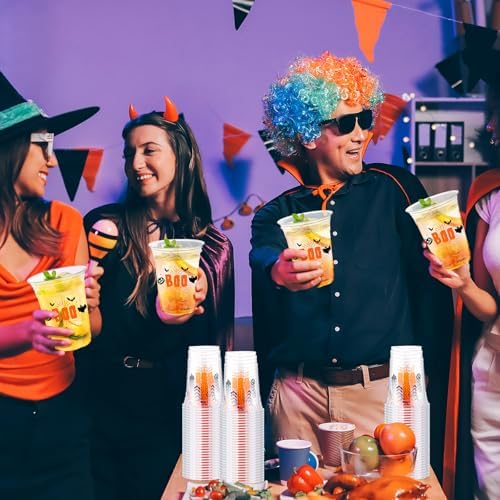 100 Pcs Halloween Plastic Cups Bulk 16 oz Disposable Clear Boo