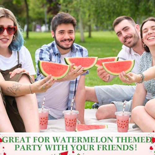 Funnymoom 50 Sets Watermelon Disposable Plastic Cups Bulk with Lids and Straws 16 oz Watermelon Clear Plastic Cups Red Fruit Cold Beverage Drinking Container for Baby Shower Birthday Party Supplies