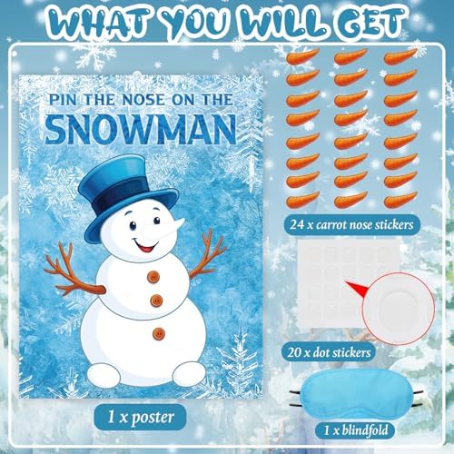 Faccito Pin The Nose on The Snowman Game, 24 Stickers 1 Blindfold