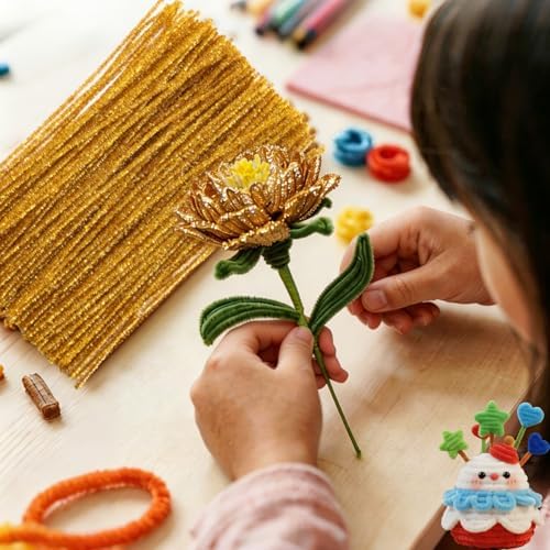 Gold Pipe Cleaners,Glitter Gold Craft Pipe Cleaners,200pcs Supplies for Home DIY Handmade Arts,Arts and Crafts for Kids Ages 6-8,Glitter Pipe Cleaners for Festivals DIY Decorations,Christmas Decor