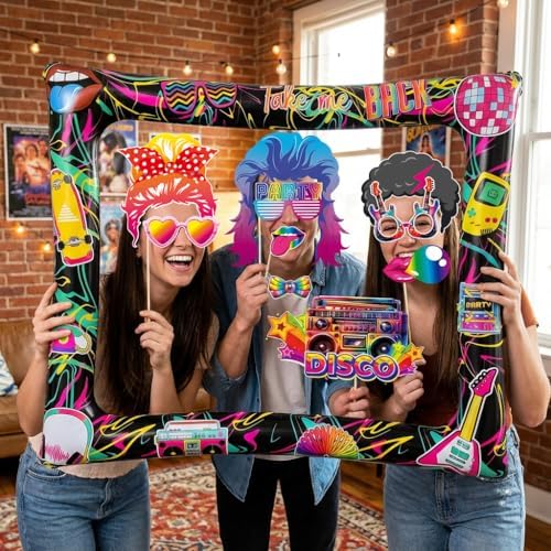 80s Inflatable Photo Frame & Props, 30Pcs Back to The 80s Photo Booth Props with Inflatable Selfie Picture Frame for 1980s Throwback Birthday Party Supplies