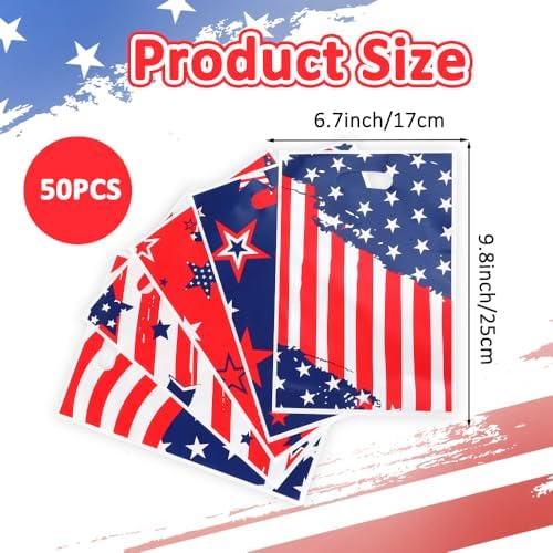 4th of July Treat Bags, 50PCS 4th of July Gift Bags with Handles, Plastic Red White and Blue Patriotic Star Cookie Goodie Candy Party Favor Bag for Independence Day Party Decoration Supplies, 6.7"x10"