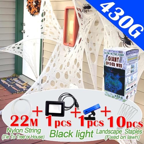 700 Sqft Glow-in-The-Dark Giant Spider Web Halloween Outdoor Decoration, Giant Outdoor Spider Decorations Set, with 3 Blacklight (24FT x 4FT)(White)
